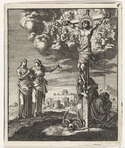 Twee vrouwen aanschouwen de gekruisigde Christus by Jan Luyken, print, 1704