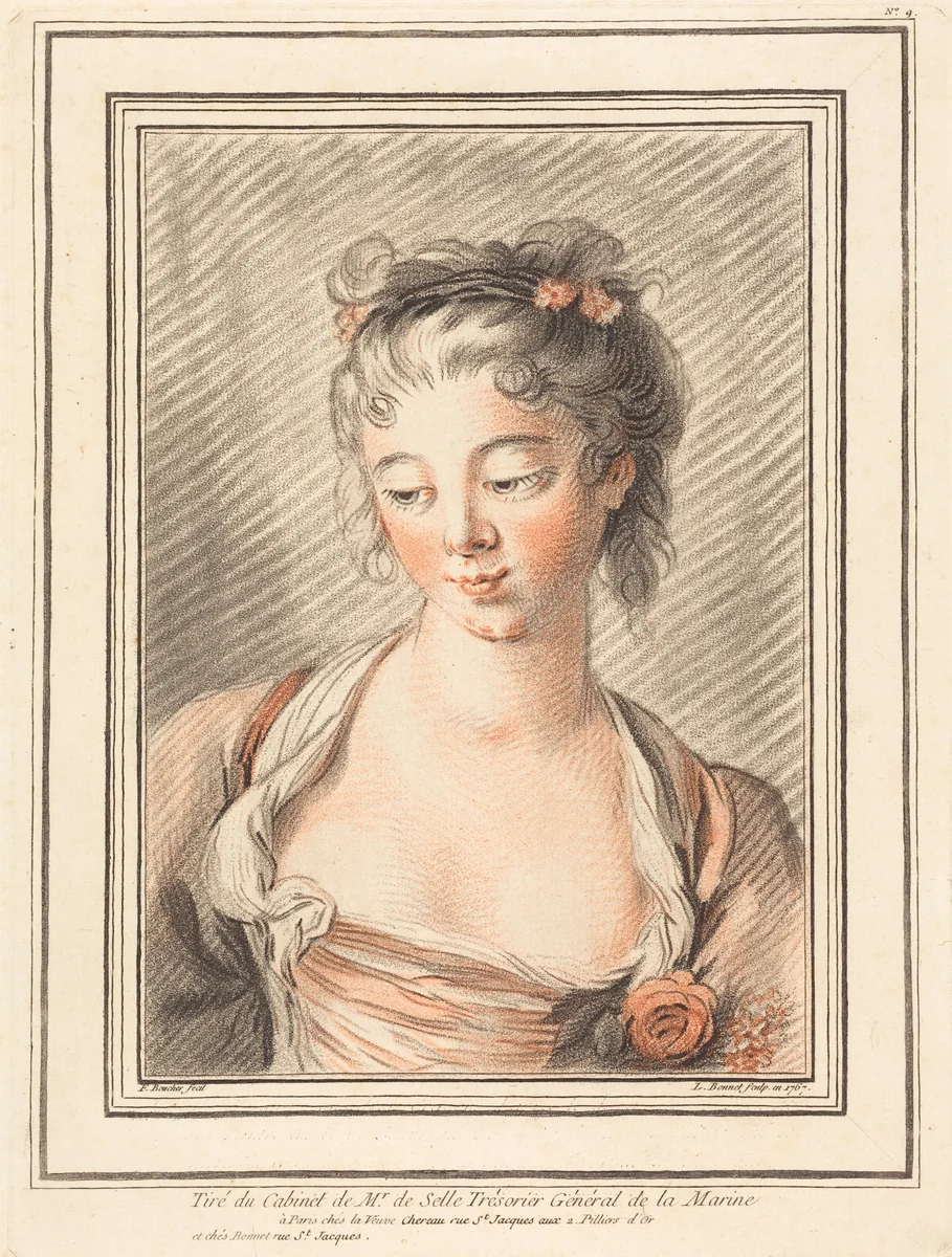 Bust of a Young Woman Looking Down by Louis-Marin Bonnet; François Boucher, print, 1736-1793