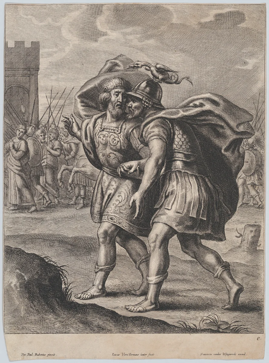 Achilles and Priam, in conversation outside of Troy by Lucas Vorsterman II, print, 1639-1671