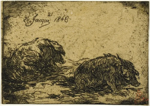 Two Pigs Lying Down by Charles-Émile Jacque, print, 1846
