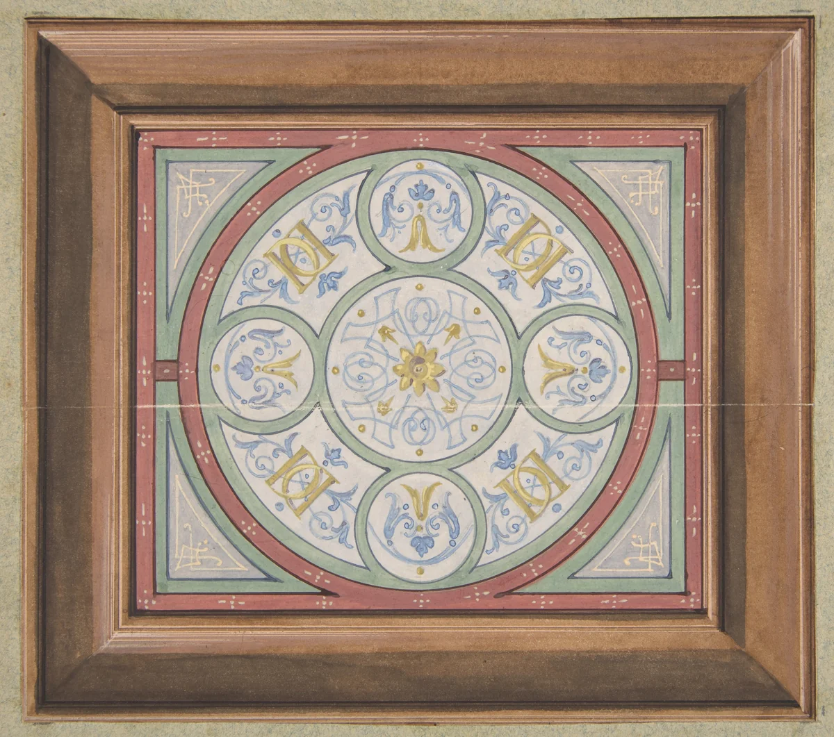 Design for painted decoration of a ceiling incorporating interwined initials: DD by Jules-Edmond-Charles Lachaise, drawing, 1850-1900