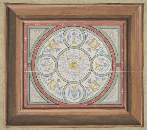 Design for painted decoration of a ceiling incorporating interwined initials: DD by Jules-Edmond-Charles Lachaise, drawing, 1850-1900