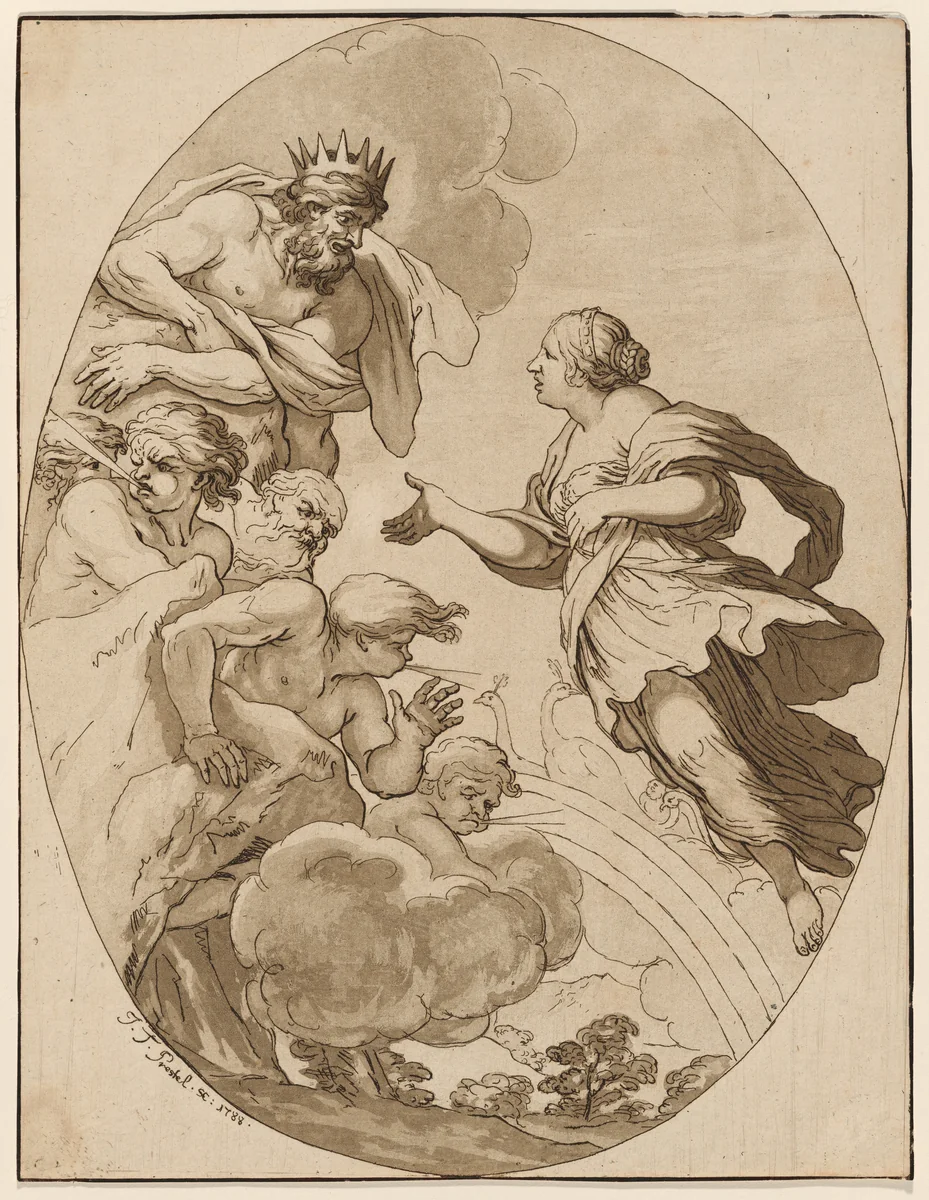 Jupiter and Juno by Johann Gottlieb Prestel; Pietro da Cortona, print, 1788