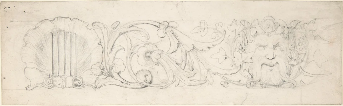 Design for Ornamental Frieze with Shell, Foliage and Satyr's Head (recto); Figural Studies (verso) by William Pitts, drawing, 1805-1840