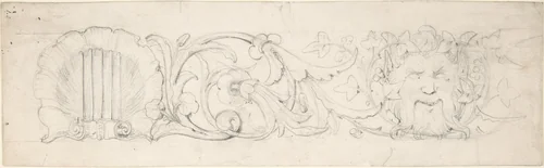 Design for Ornamental Frieze with Shell, Foliage and Satyr's Head (recto); Figural Studies (verso) by William Pitts, drawing, 1805-1840