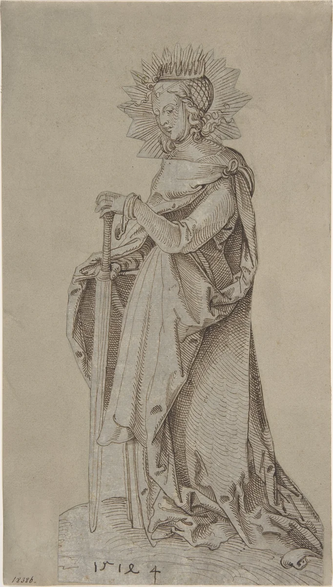Saint Catherine Leaning on a Sword by Hans Baldung, drawing, 1498-1508
