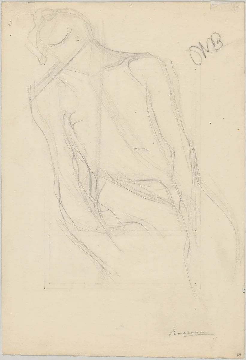 Seated Male Nude (recto); Seated Woman with a Dark Blouse (verso) by Umberto Boccioni, drawing, 1908