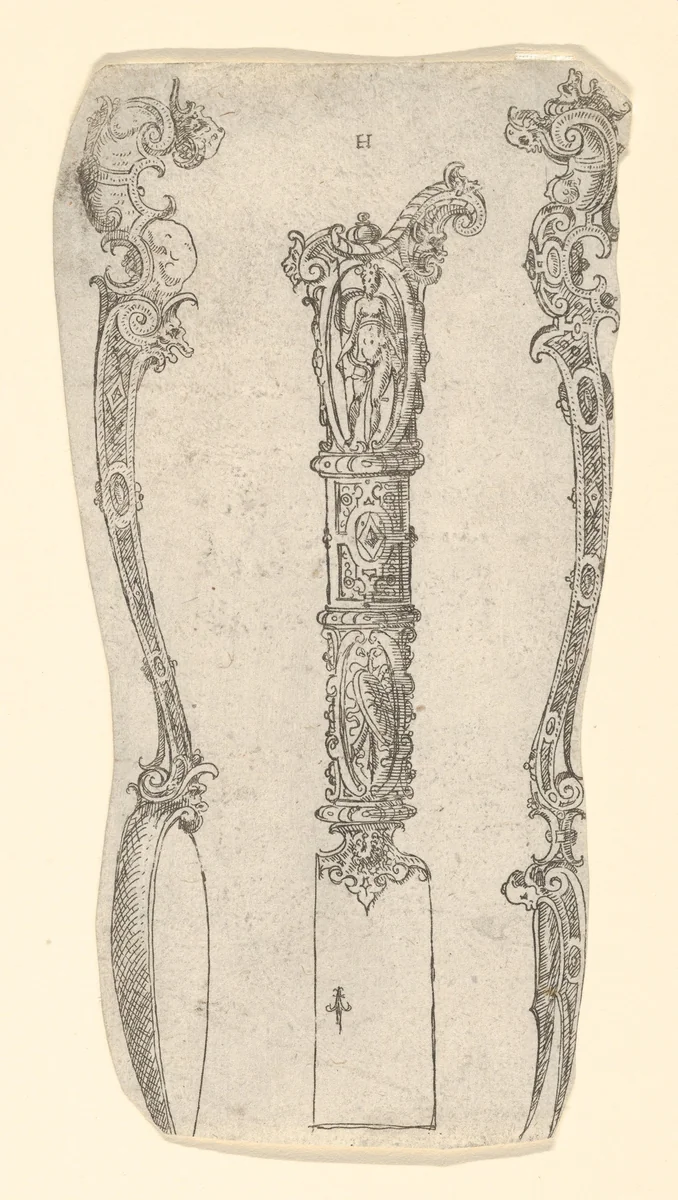 Design for a Knife, Spoon, and Fork by Erasmus Hornick, print, 1555-1565