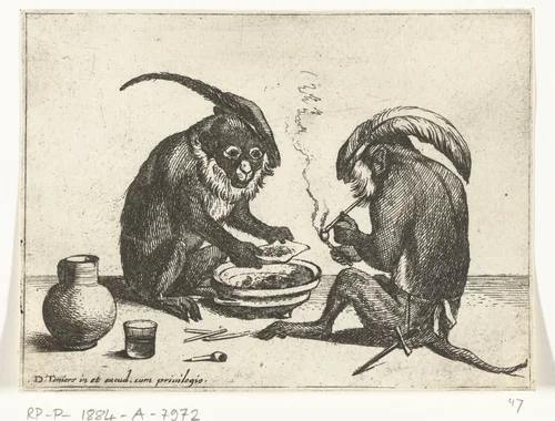 Twee apen roken pijp by Quirin Boel, print, 1635-1690