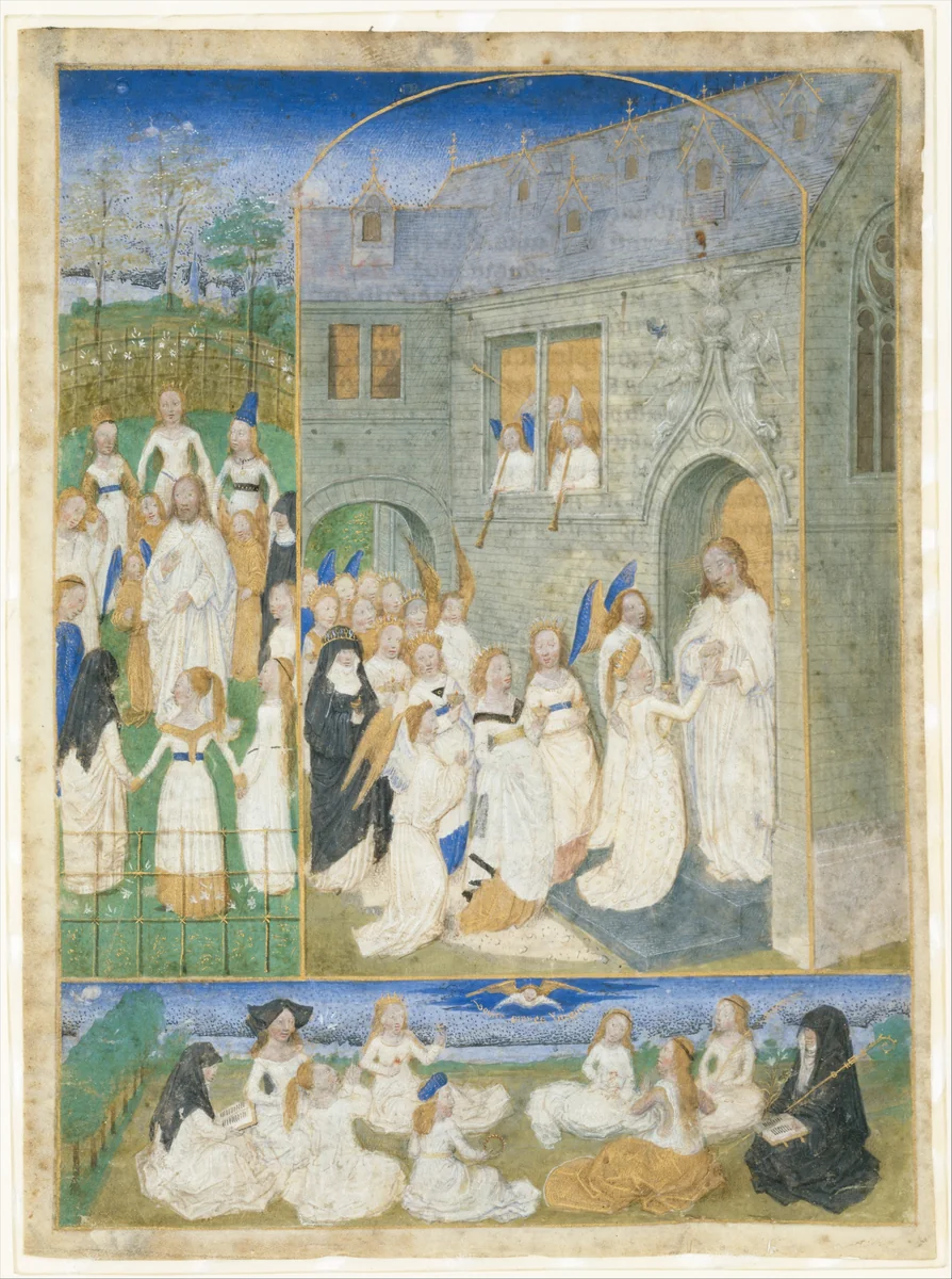 The Holy Virgins Greeted by Christ as They Enter the Gates of Paradise by Simon Marmion, manuscript, 1464-1473