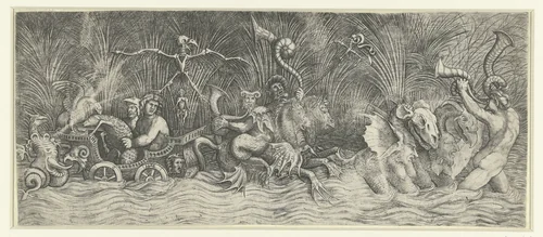 Zeegoden op triomfwagen getrokken door fabeldieren by Unknown, print, 1500-1550