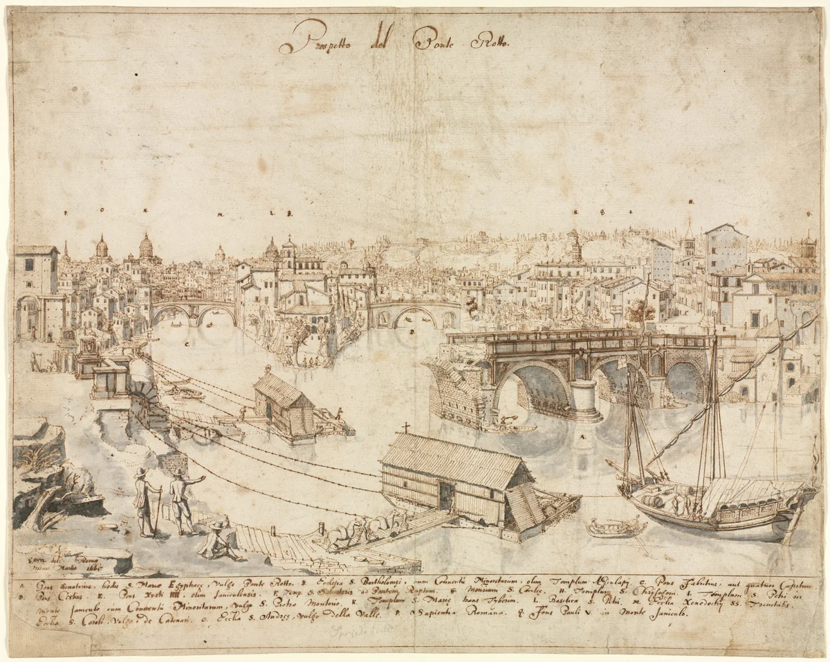 Eighteen Views of Rome: The Ponte Rotto by Lievin Cruyl, drawing, 1665
