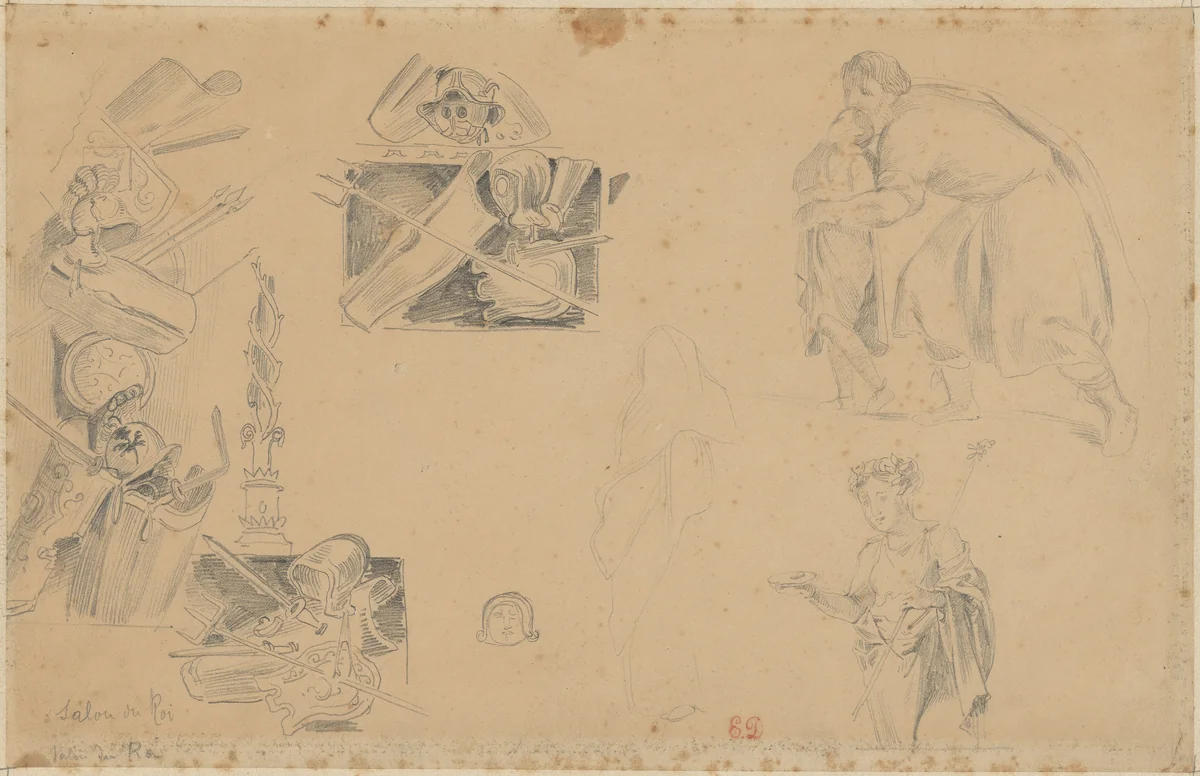 Studies of Weapons, Shields, and Helmets, for the Salon du Roi, Palais Bourbon by Eugène Delacroix, drawing, 1833-1838