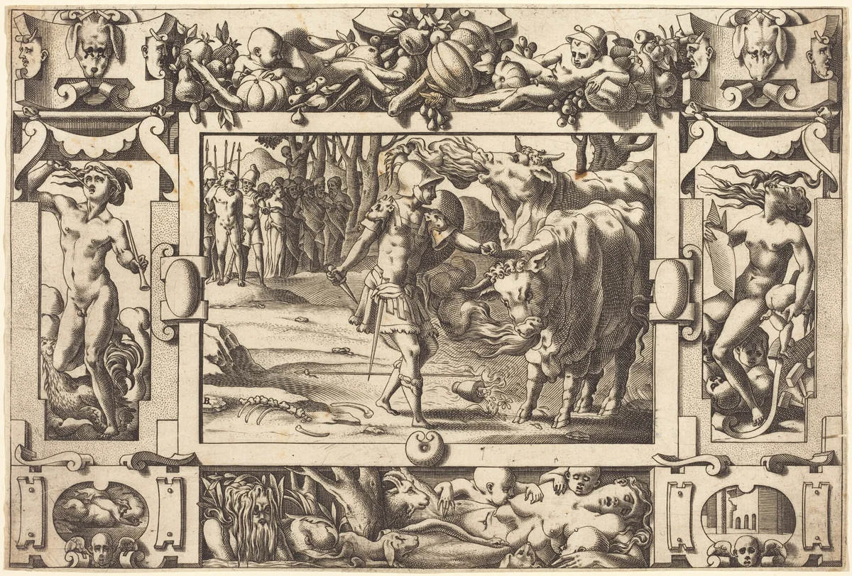 Jason Tames the Two Bulls of Mars by René Boyvin; Leonard Thiry, print, 1563