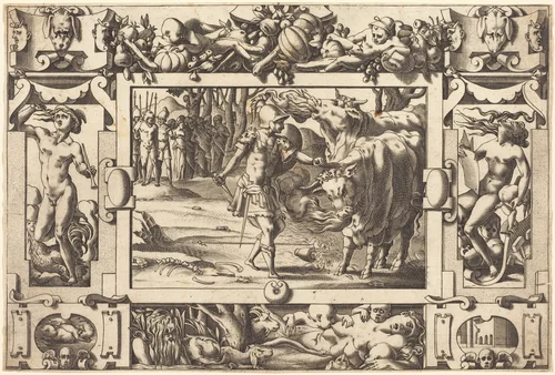Jason Tames the Two Bulls of Mars by René Boyvin; Leonard Thiry, print, 1563