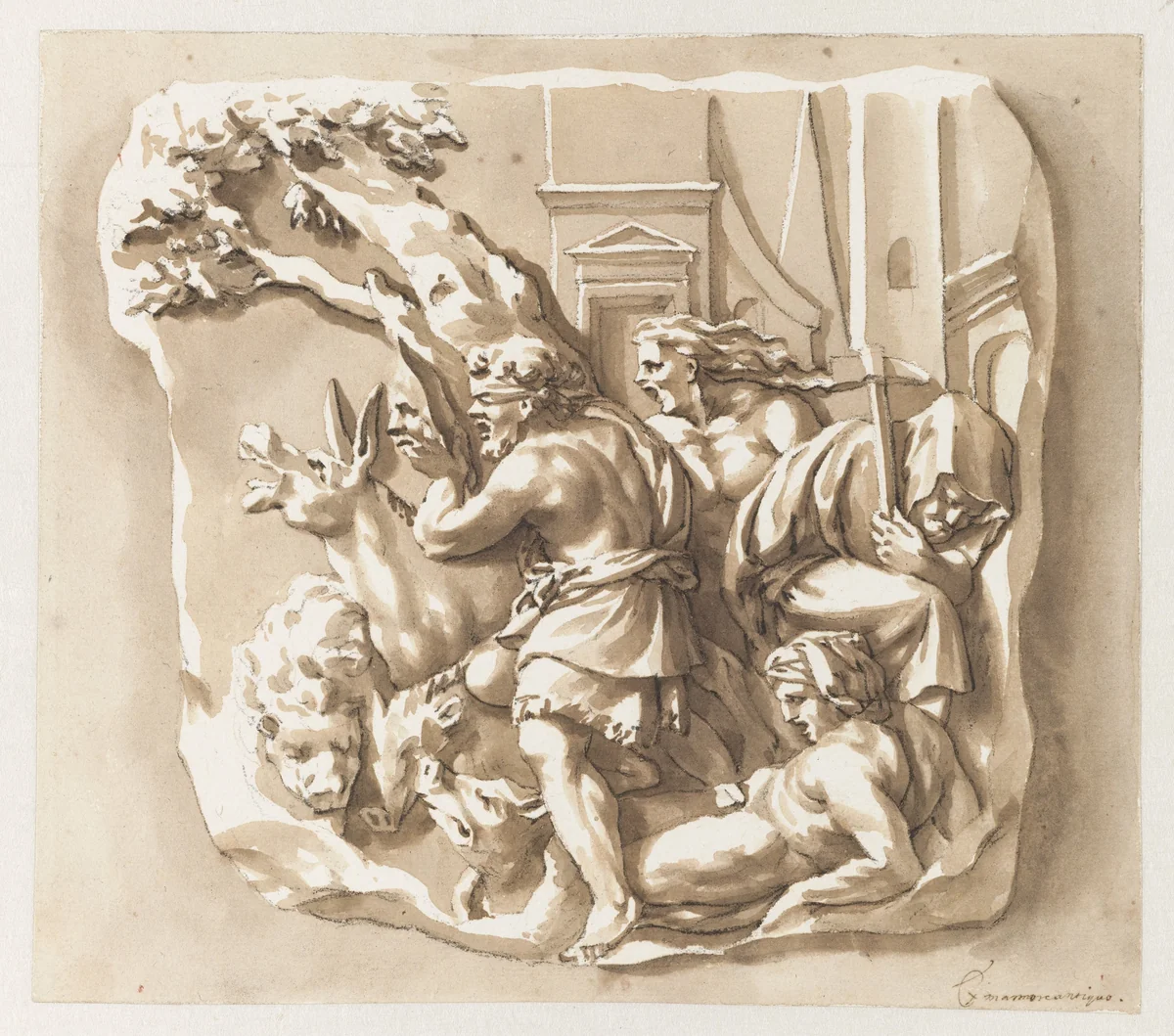 Mensen en dieren rond een boom by Jan de Bisschop, drawing, 1648-1671