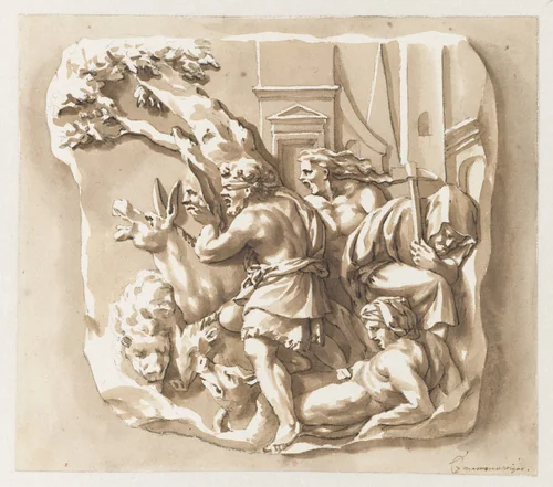 Mensen en dieren rond een boom by Jan de Bisschop, drawing, 1648-1671