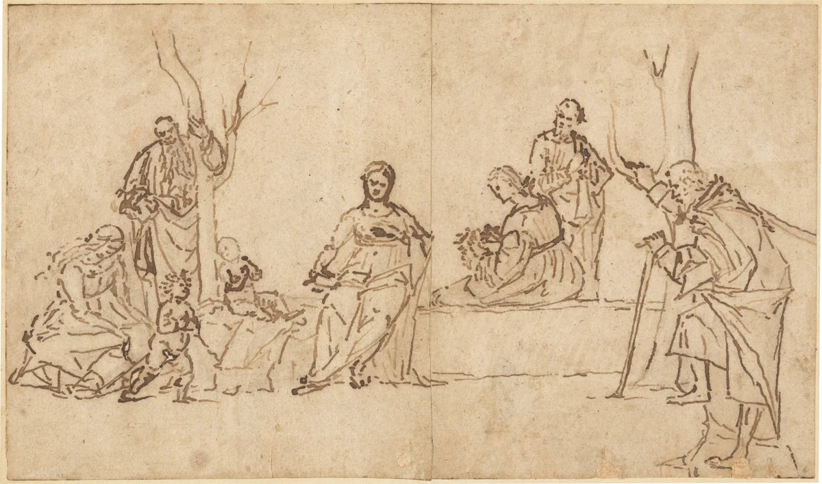 The Madonna and Child with Saints in a Landscape (Sacra Conversazione) by Vittore Carpaccio, drawing, 1500-1510