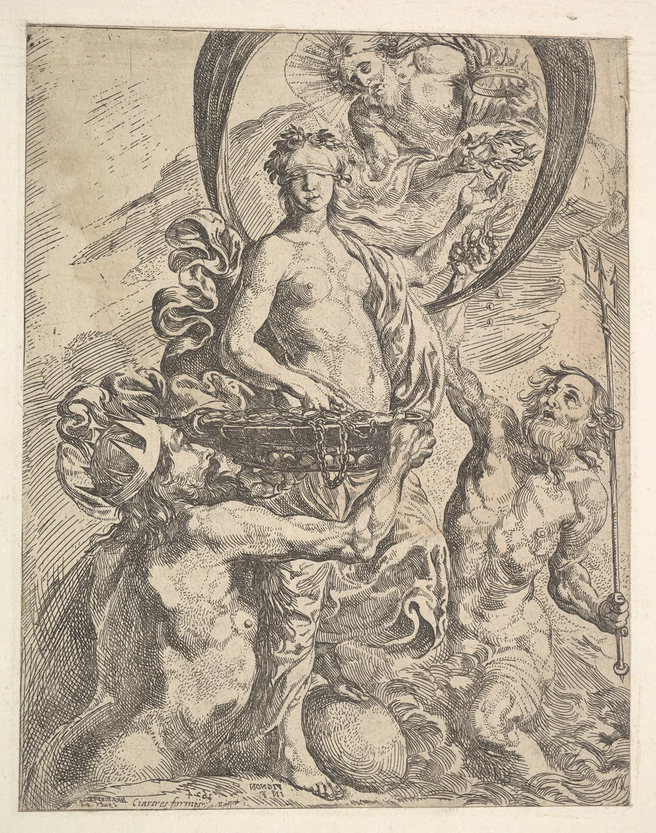 Jupiter, Pluto, and Neptune Offering their Riches to Fortune by Pierre Brebiette, print, 1624
