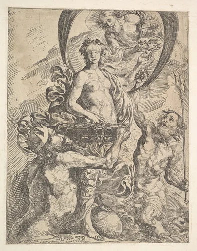Jupiter, Pluto, and Neptune Offering their Riches to Fortune by Pierre Brebiette, print, 1624