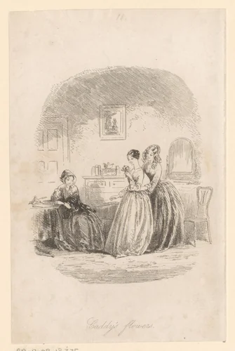 Caddy Jellyby met bloemen in haar hand in een kamer met twee andere vrouwen by Hablot Knight Browne, print, 1853