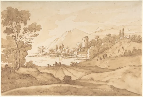 Southern Imaginary Landscape with Mountains and a Lake by Theodorus Wilkens, drawing, 1690-1748