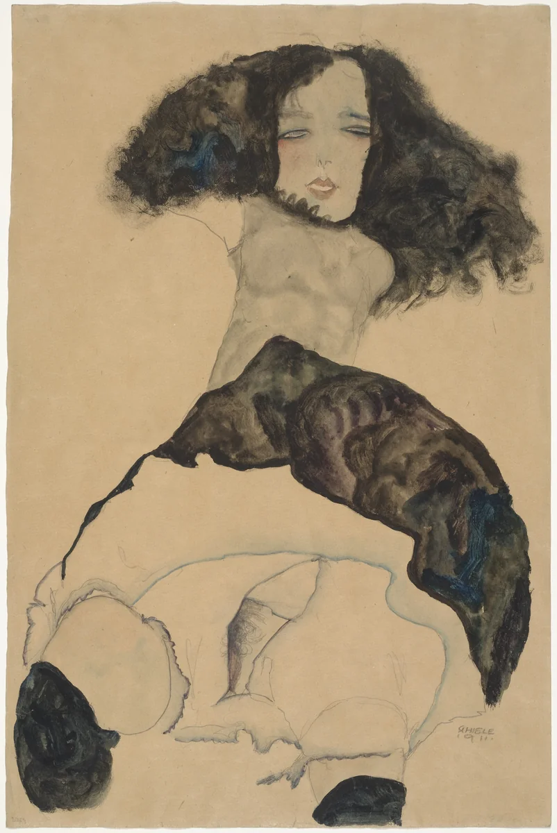 Girl with Black Hair (Mädchen mit schwarzem Haar) by Egon Schiele, drawing, 1911