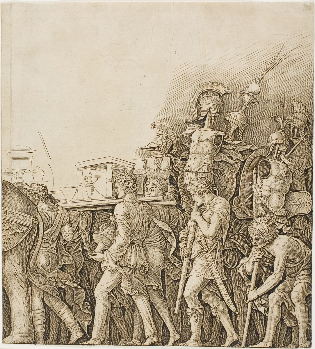 Triumph of Caesar: Soldiers Carrying Trophies by Andrea Mantegna, print, 1490-1500