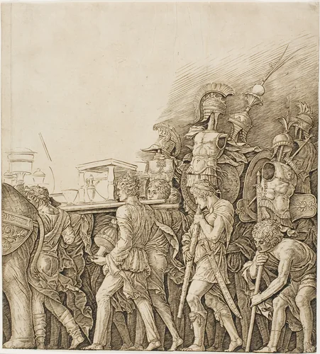 Triumph of Caesar: Soldiers Carrying Trophies by Andrea Mantegna, print, 1490-1500