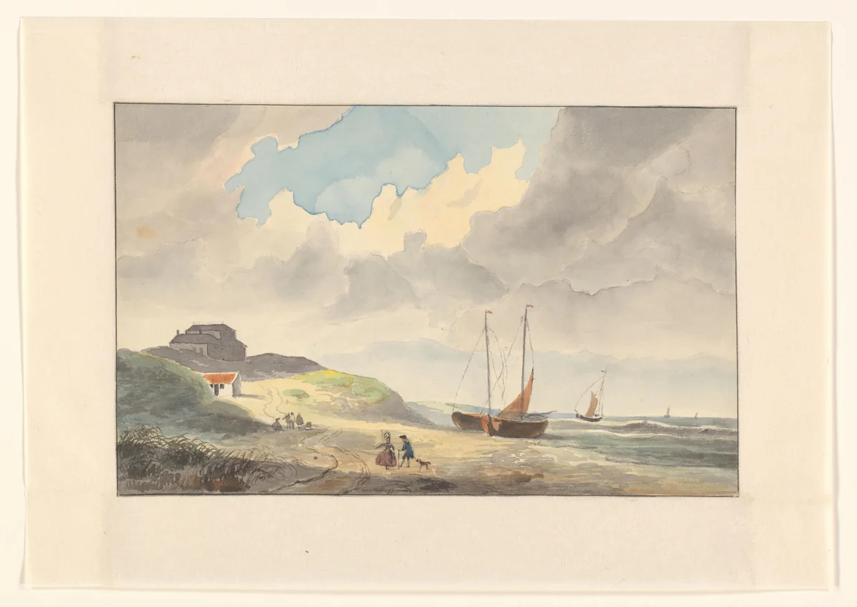 Kustgezicht met schepen op het strand by Johannes van Reijn, drawing, 1800-1900