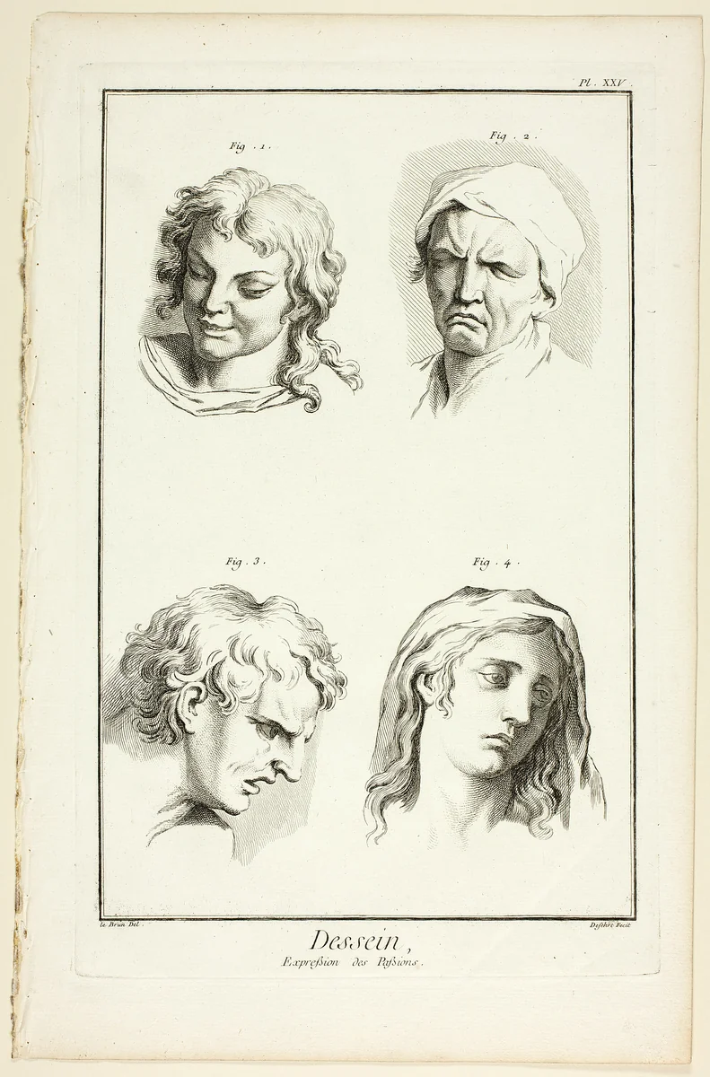Drawing: Expressions of Emotion (Laughter, Weeping, Compassion, Sadness), from Encyclopédie by A. J. Defehrt, print, 1762-1777