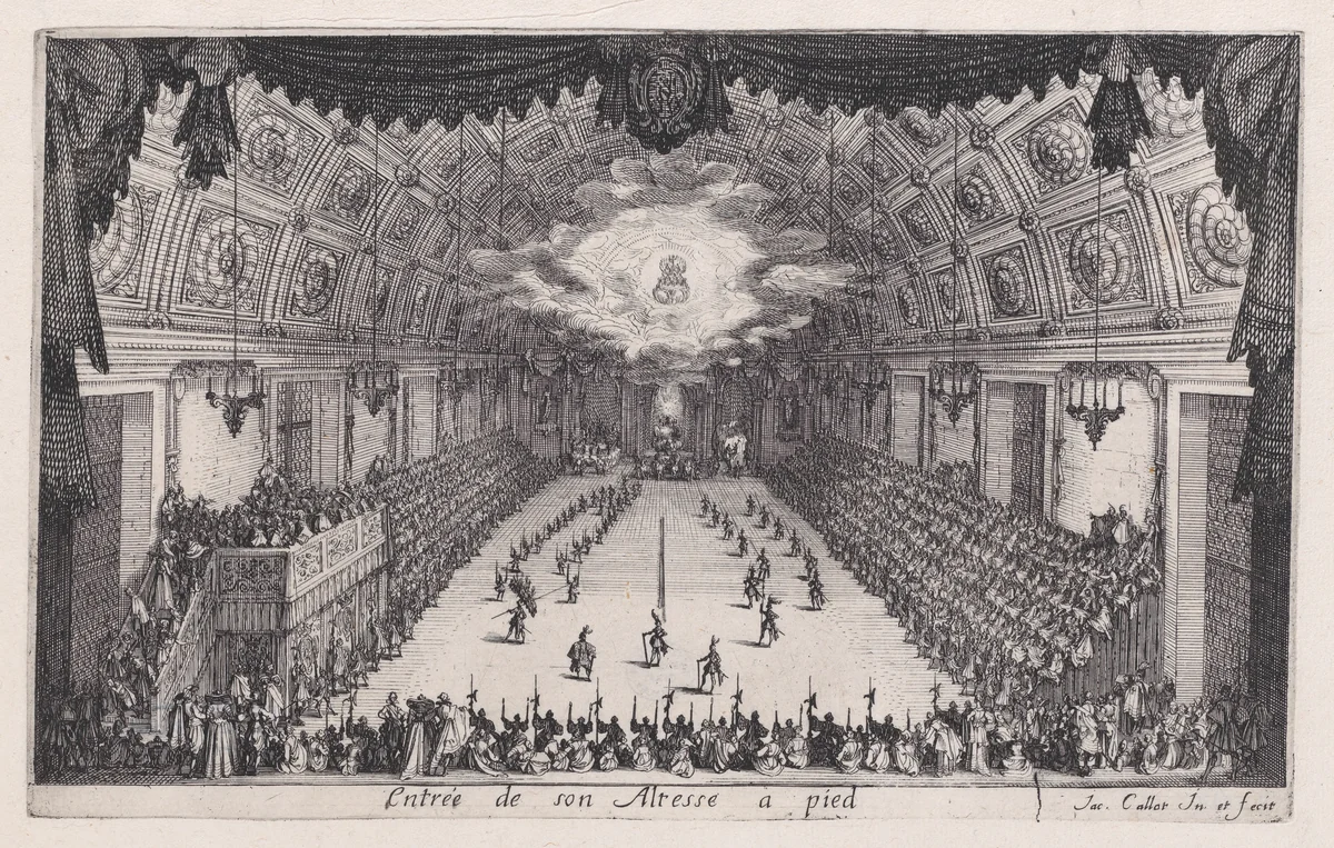 La Défilé a Pied (The Parade on Foot), from "Le Combat a la Barrière" by Jacques Callot, print, 1627