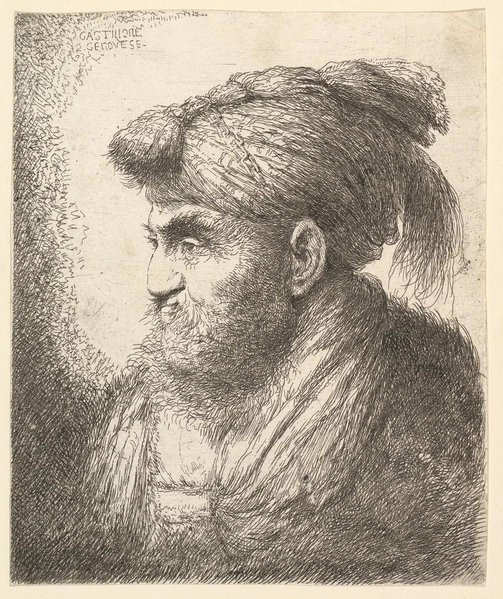 A bearded man wearing a tasseled headdress facing left, from "Heads in Oriental Headdress" by Giovanni Benedetto Castiglione, print, 1643-1653