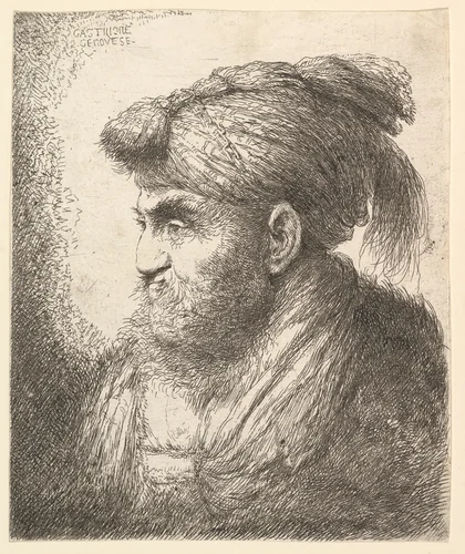 A bearded man wearing a tasseled headdress facing left, from "Heads in Oriental Headdress" by Giovanni Benedetto Castiglione, print, 1643-1653