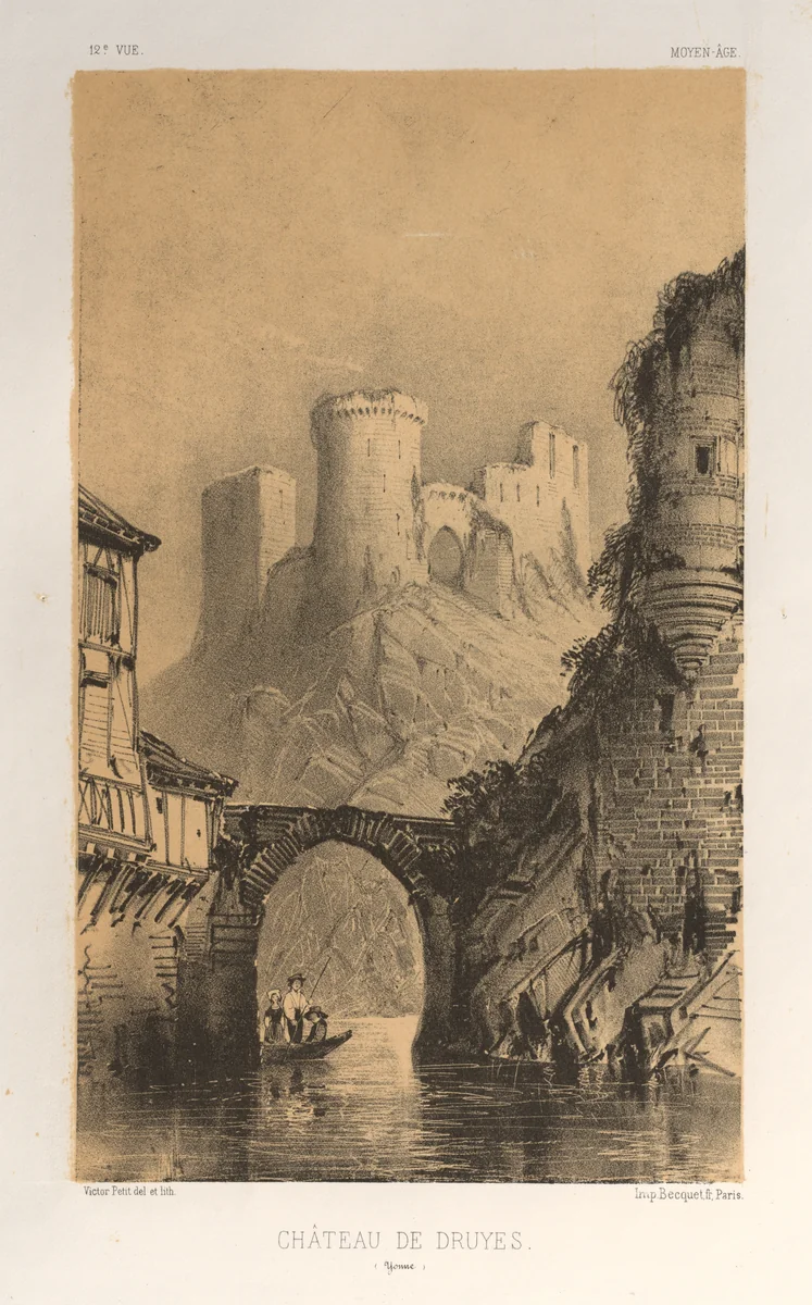 Architecture Pittoresque ou Monuments des xveme. Et xvieme. Siecles: Chateaux De France des XV et XVI Siecles: Pl. 12, Chateau De Druyes (Yonne) by Victor Petit, print, 1860