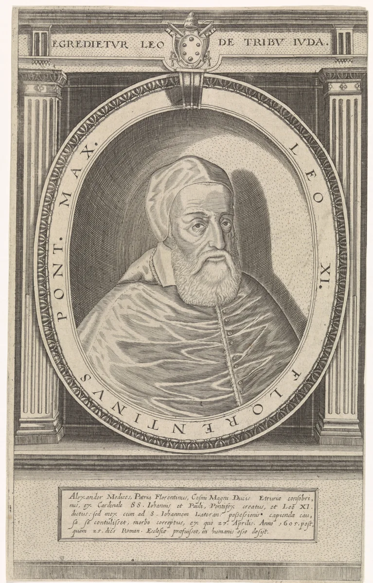 Portret van paus Leo XI by Friedrich van Hulsen, print, 1590-1665