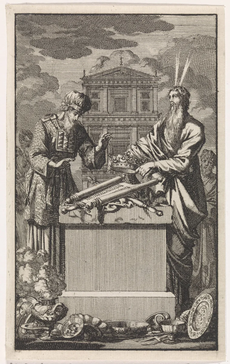 Mozes en Aaron staand achter een altaar by Jan Luyken, print, 1705
