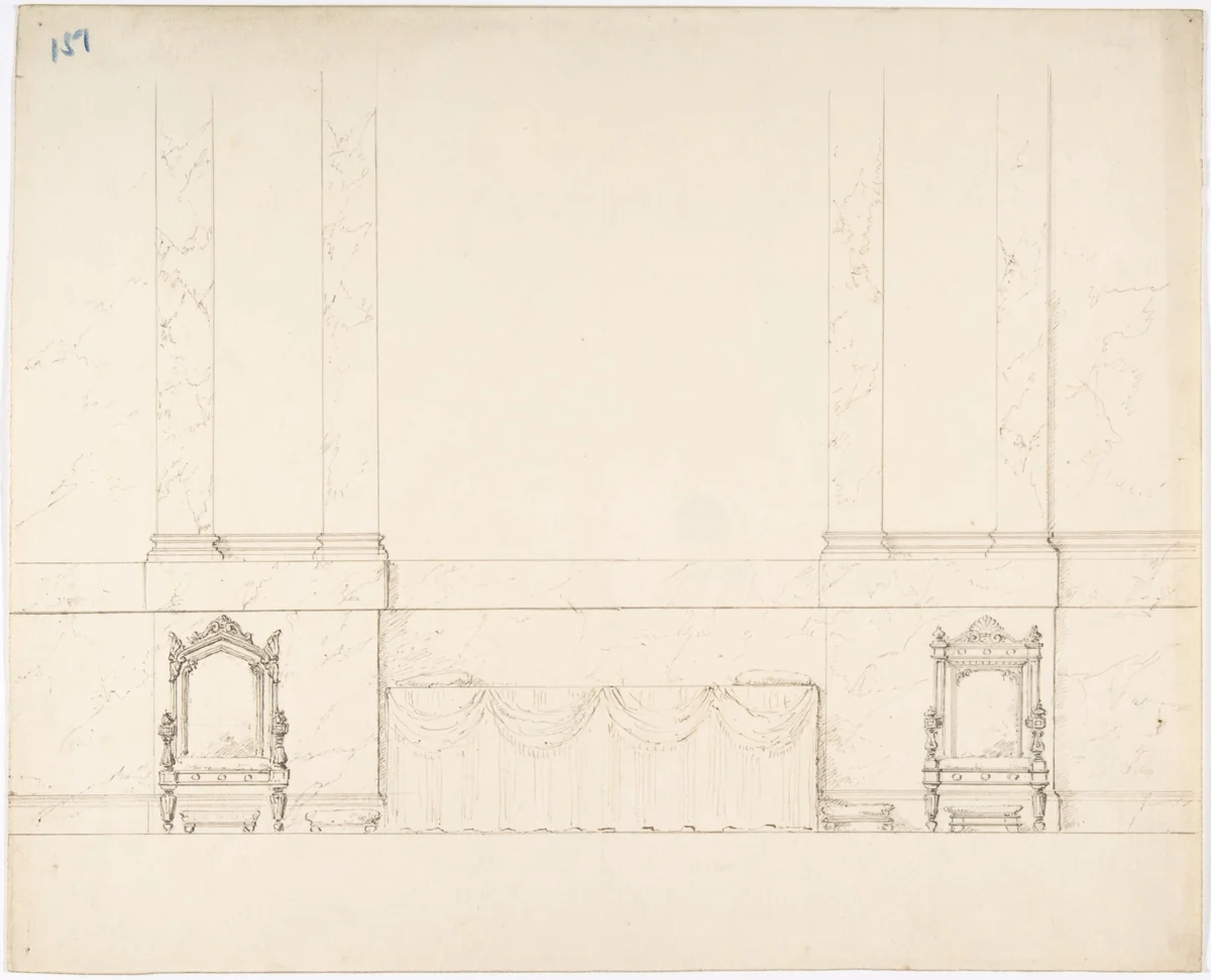Elevation of a Wall with Marble Pilasters, a Draped Table and Two Armchairs with Footstools by anonymous, drawing, 1800-1850