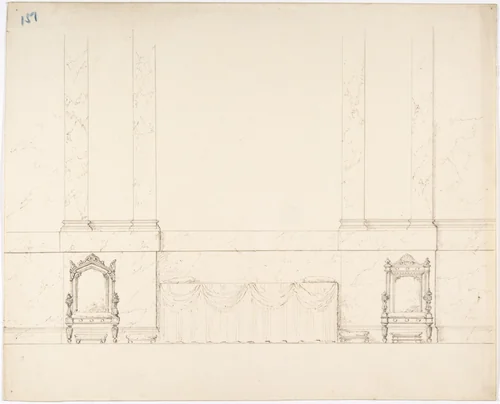 Elevation of a Wall with Marble Pilasters, a Draped Table and Two Armchairs with Footstools by anonymous, drawing, 1800-1850