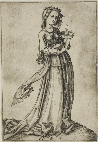 The Fourth Wise Virgin by Martin Schongauer, print, 1480-1491