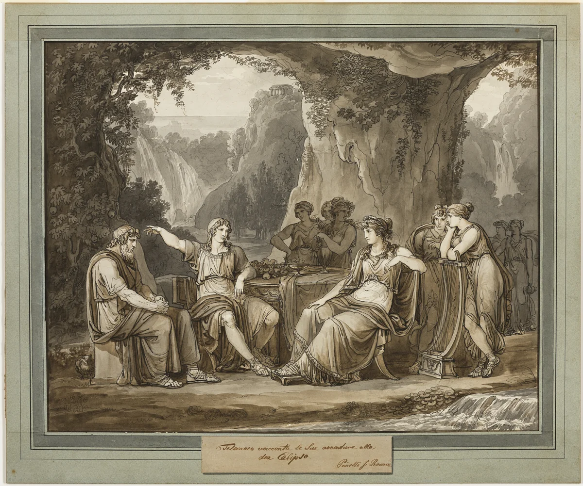 Telemachus Relates His Adventures to the Goddess Calypso, from The Adventures of Telemachus, Book 1 by Bartolomeo Pinelli, drawing, 1808