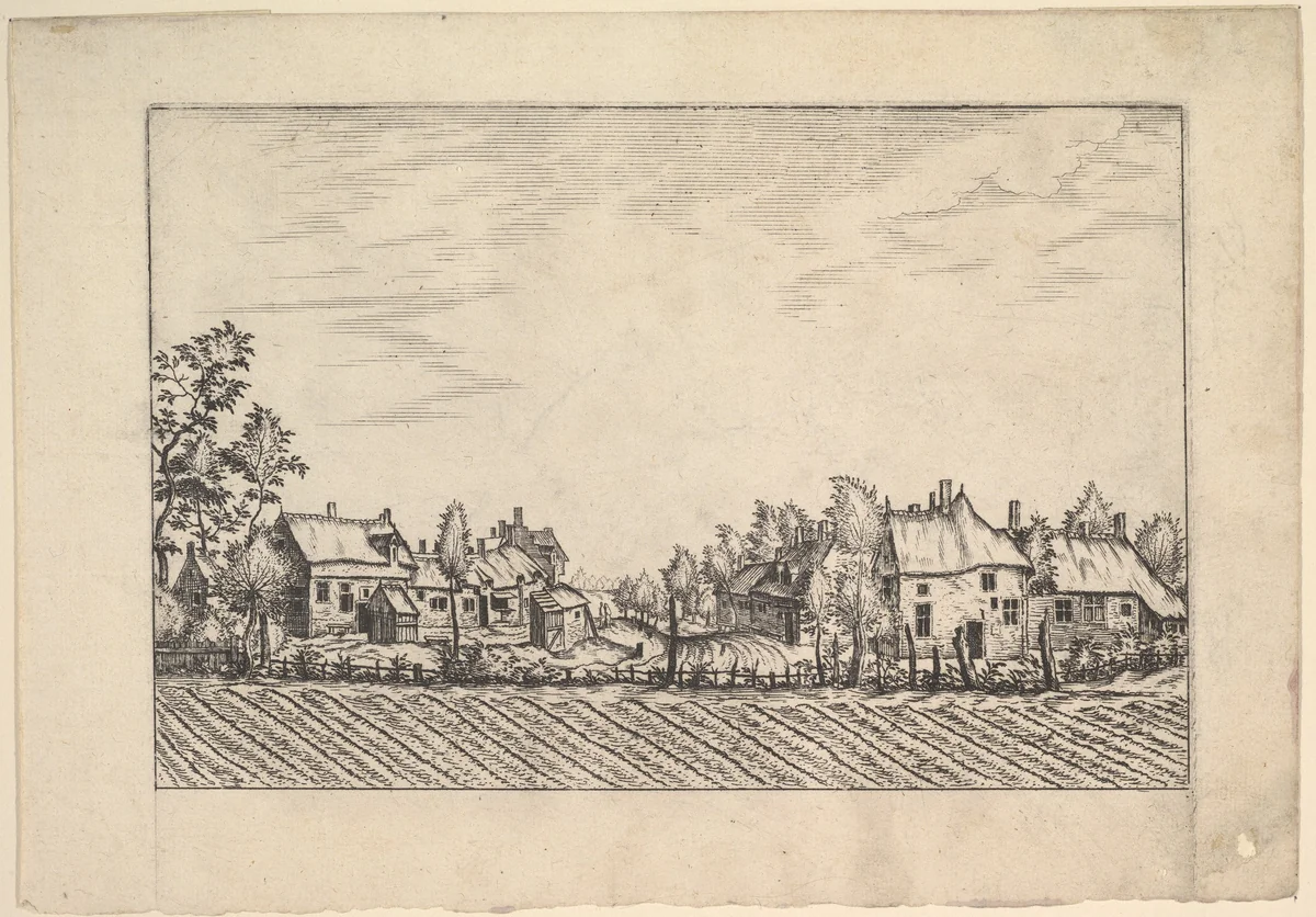 Farms, ploughed field in the foreground from Praediorum villarum et rusticarum casularum icones elenoantissimae ad vivum in apre deformatae by Johannes van Doetecum, print, 1554-1564