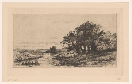 Landschap met eikenbomen bij Wolfheze by Carel Nicolaas Storm van 's-Gravesande, print, 1880