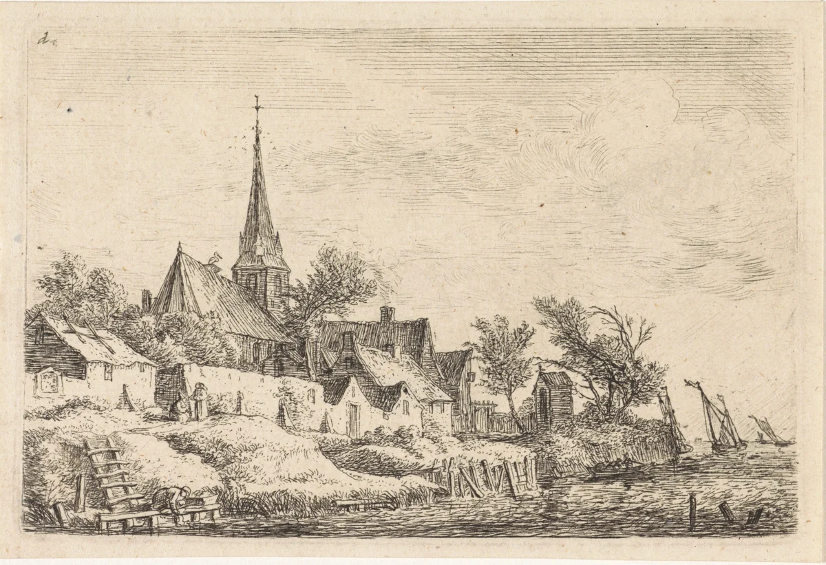 Gezicht op een dorp aan het water by Anthonie Waterloo, print, 1630-1663