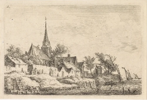 Gezicht op een dorp aan het water by Anthonie Waterloo, print, 1630-1663