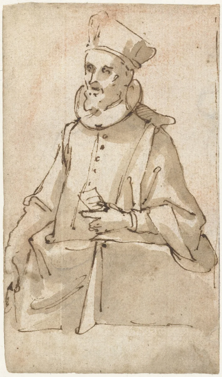Portret van een staande man op een spreekgestoelte by Federico Zuccaro, drawing, 1550-1609