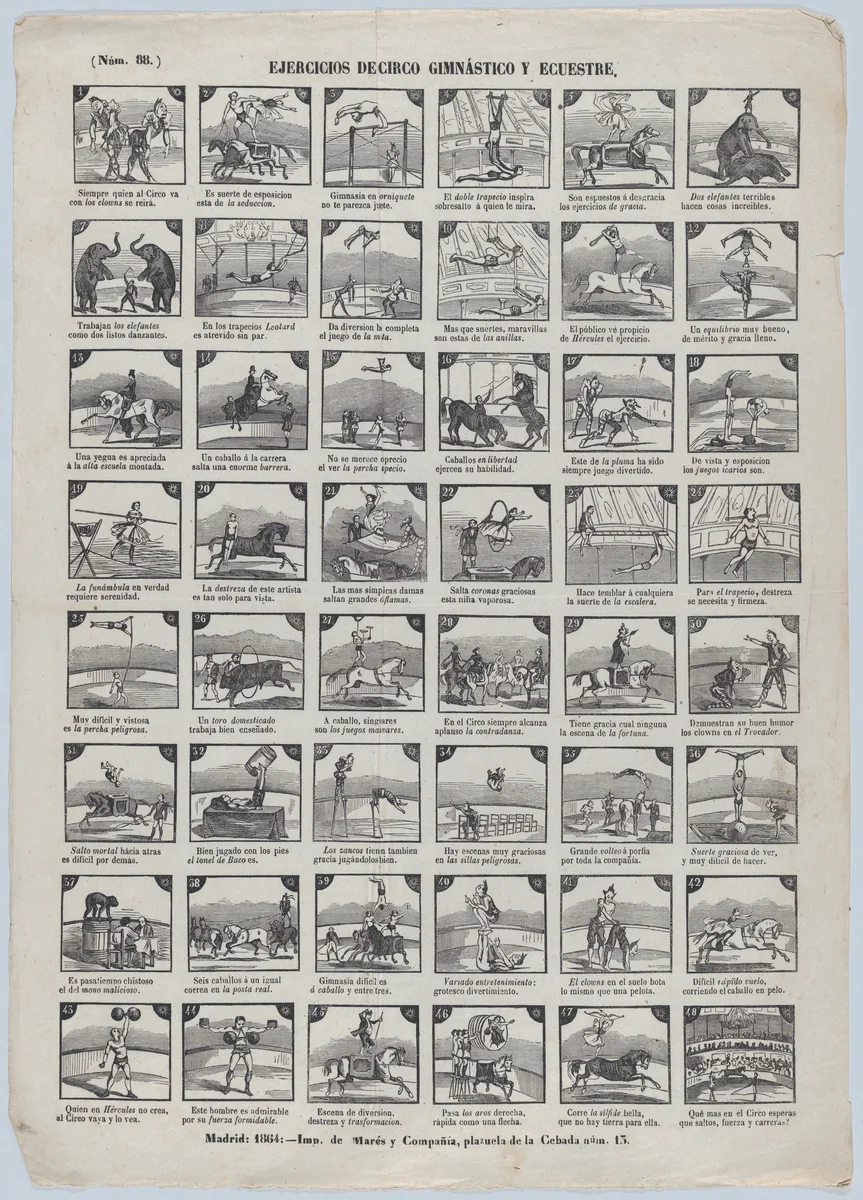 Broadside with 48 scenes depicting circus gymnastic and equestrian exercises by José María Marés, print, 1864