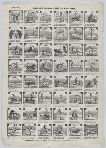 Broadside with 48 scenes depicting circus gymnastic and equestrian exercises by José María Marés, print, 1864
