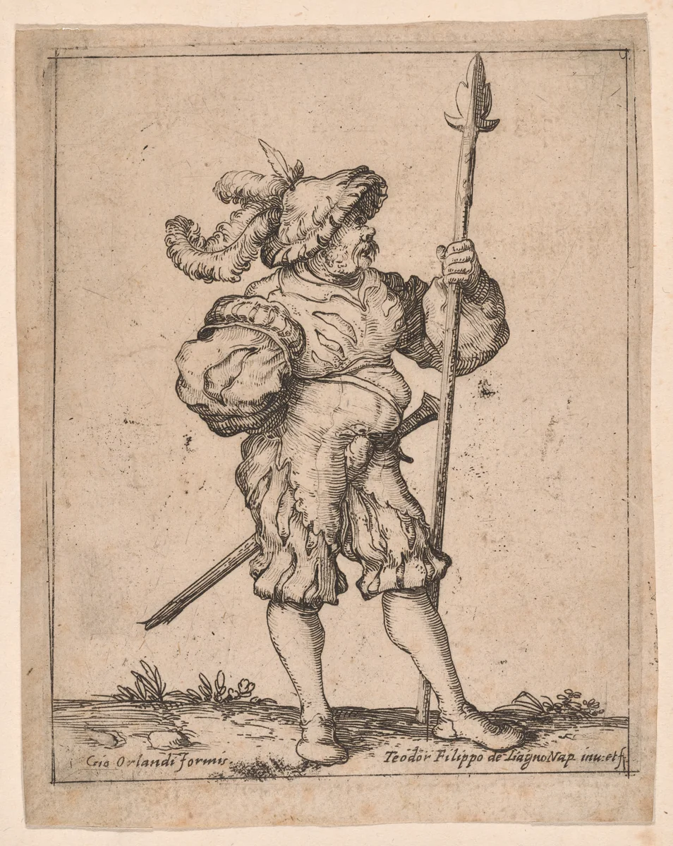 Soldier in Profile Holding a Pike, from Capricci e habiti militari by Filippo Napoletano, print, 1610-1629