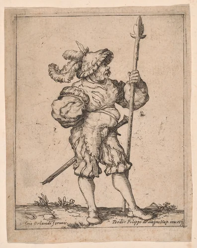 Soldier in Profile Holding a Pike, from Capricci e habiti militari by Filippo Napoletano, print, 1610-1629